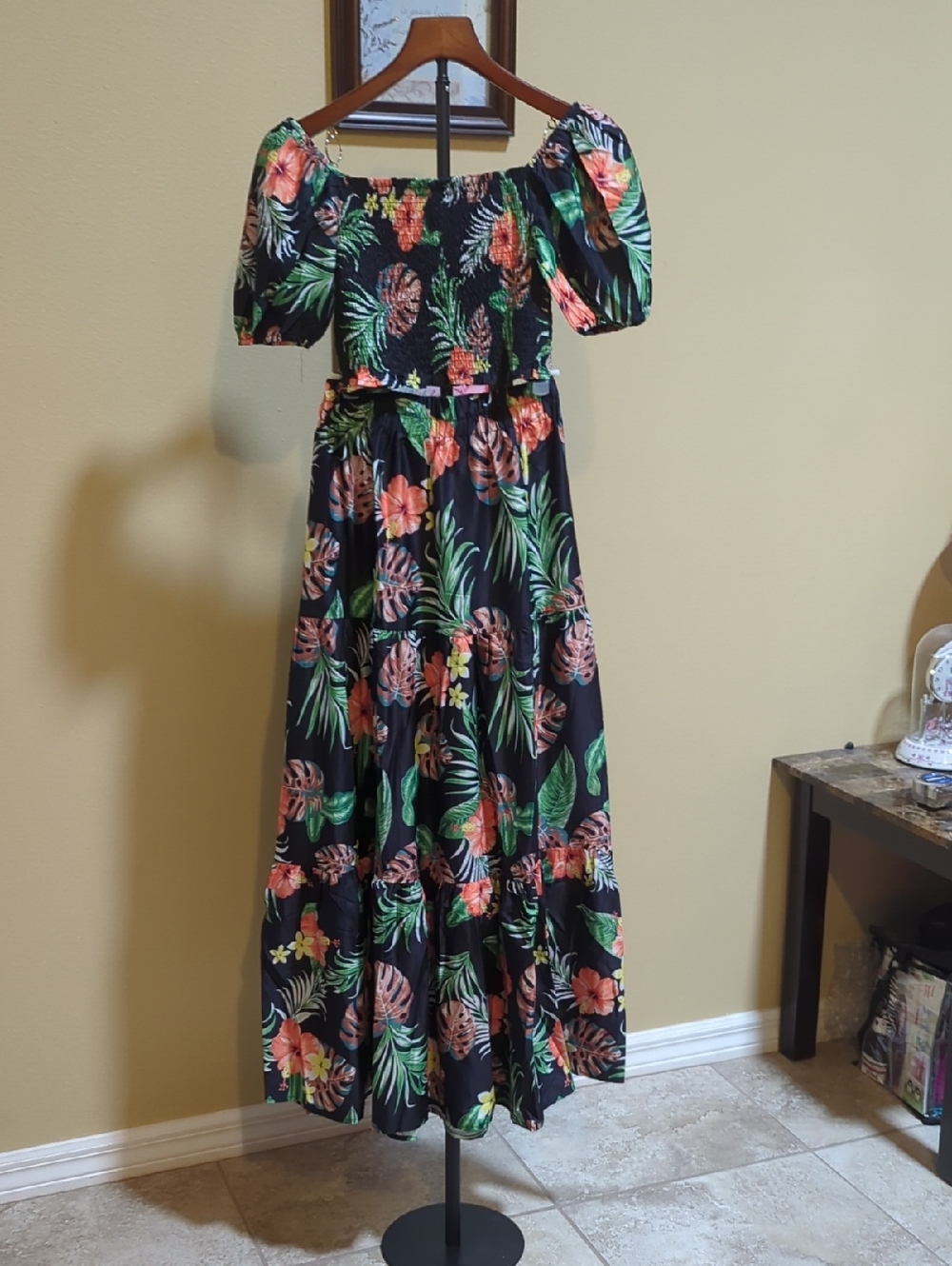 Black Floral Off-Shoulder Crop Top With Maxi Skirt Set with Tropical Print
